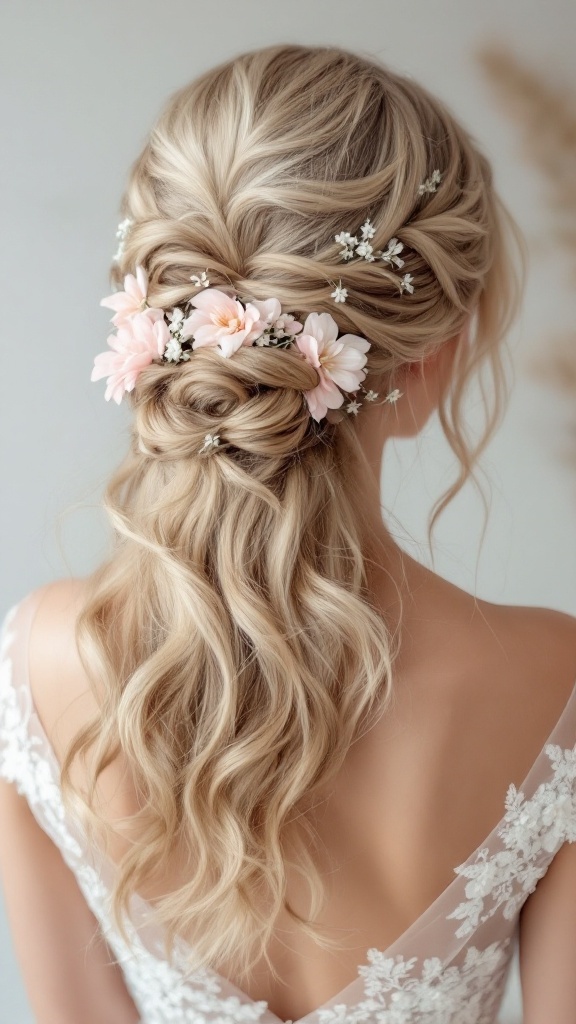 A Romantic Twisted Half Updo hairstyle featuring soft waves and floral accents.