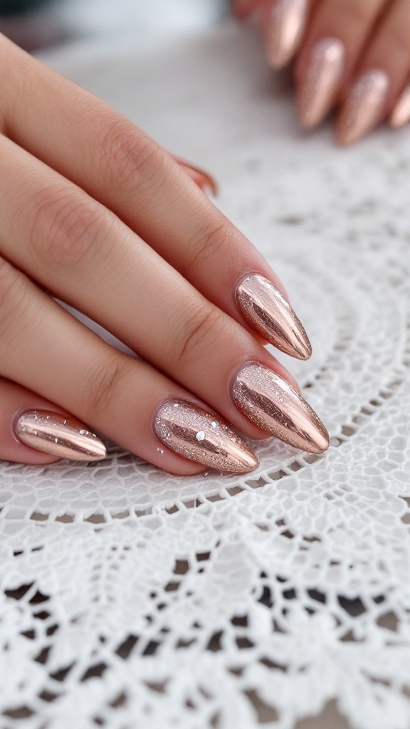 Nails with rose gold metallic finish and sparkling glitter.