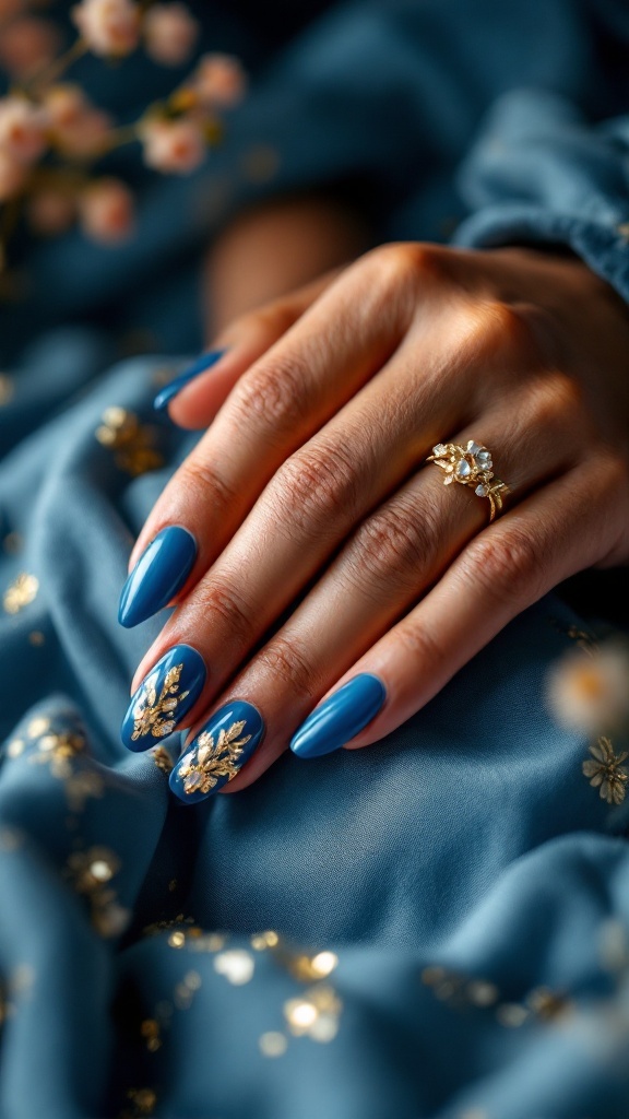 Royal blue nails with gold floral accents and a ring on a hand, set against a soft blue background.