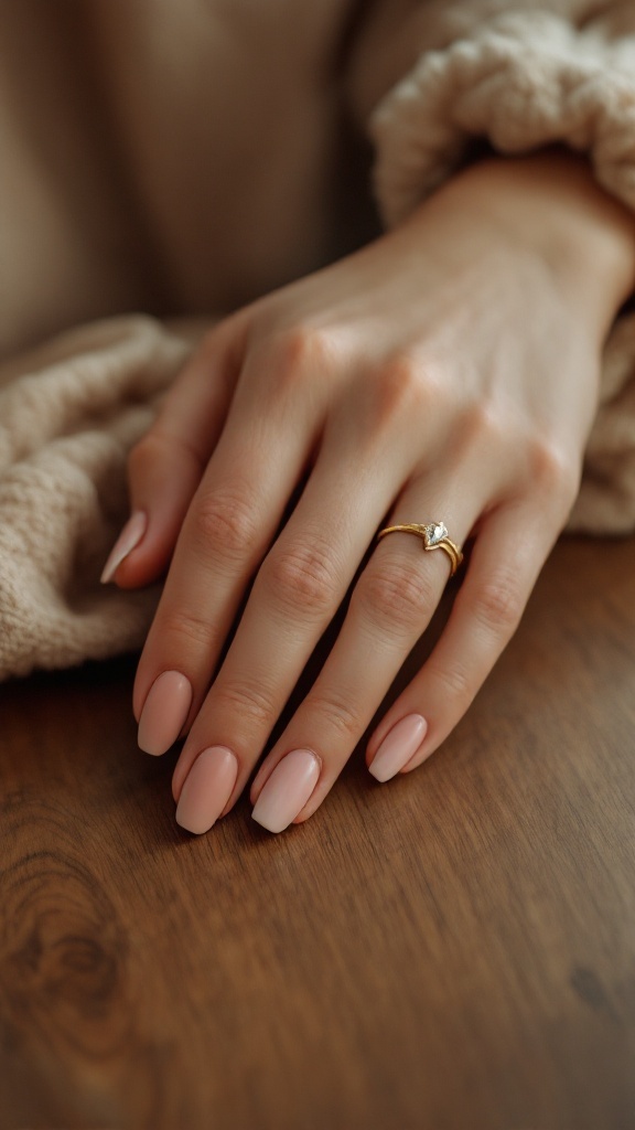 Close-up of a hand with manicured nails in a nude color with white tips, adorned with a gold ring, resting on a wooden surface.