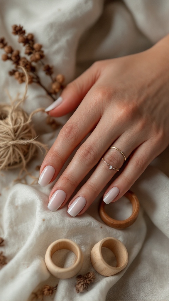 A close-up of a hand with elegant rustic wedding nails, featuring a soft color and delicate rings, surrounded by wooden rings and dried flowers.