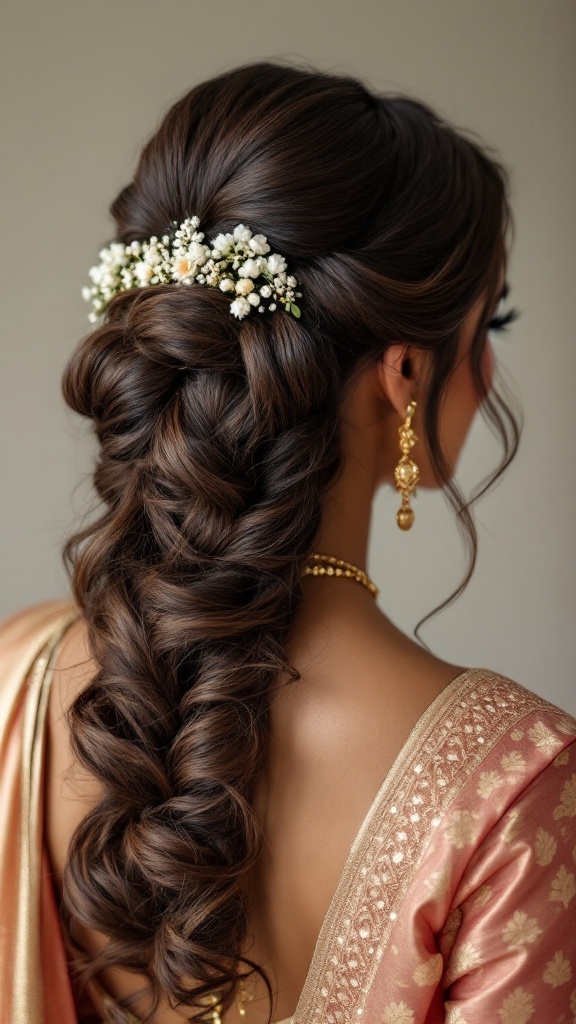 A beautiful sari-inspired hairstyle featuring cascading curls and white flowers.