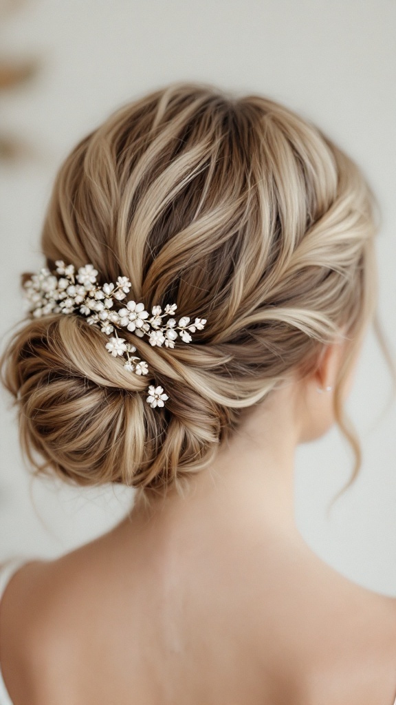 A sculpted low bun hairstyle with floral accents and a vintage brooch.