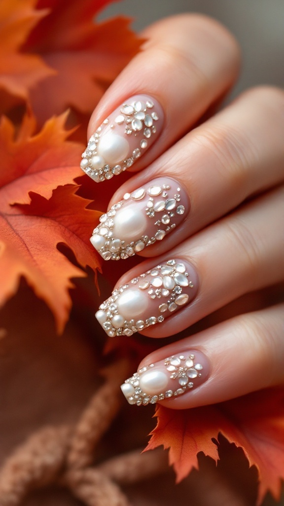 A hand displaying bridal nails with a pearl and rhinestone mix, surrounded by autumn leaves and delicate greenery.