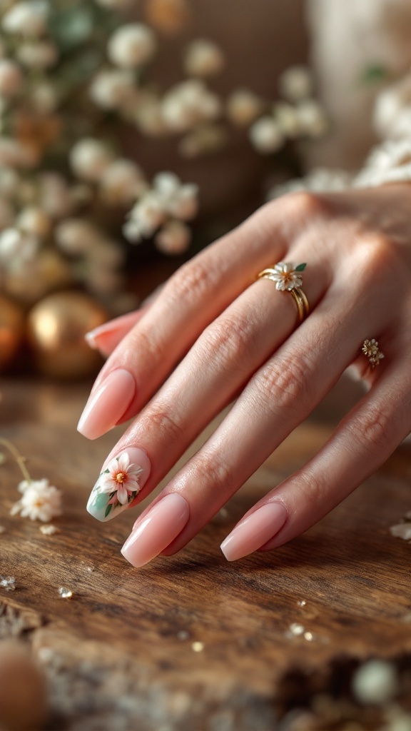 Close-up of a hand with wedding nails featuring 3D flowers and a soft color palette.