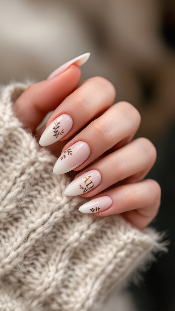 Wedding nails featuring initials and leaf designs on a neutral background.
