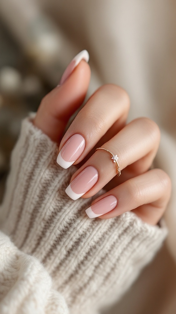 Close-up of elegant French wedding nails with reverse tips, complemented by a delicate ring and cozy sweater.