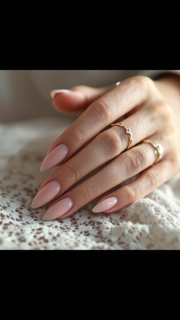Close-up of manicured hands with sheer pink nails and gold rings on a lace tablecloth.