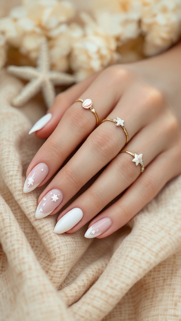 A hand with tropical-themed nails featuring shell and starfish embellishments, adorned with gold rings, resting on a soft fabric.