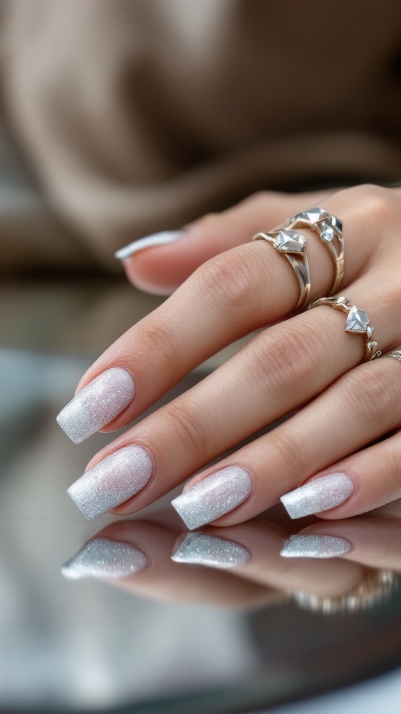Close-up of shimmering silver nails with glitter geometric designs.