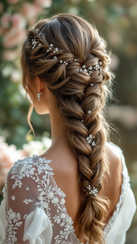 A beautiful side-swept braid adorned with rhinestones, showcasing elegance and charm.