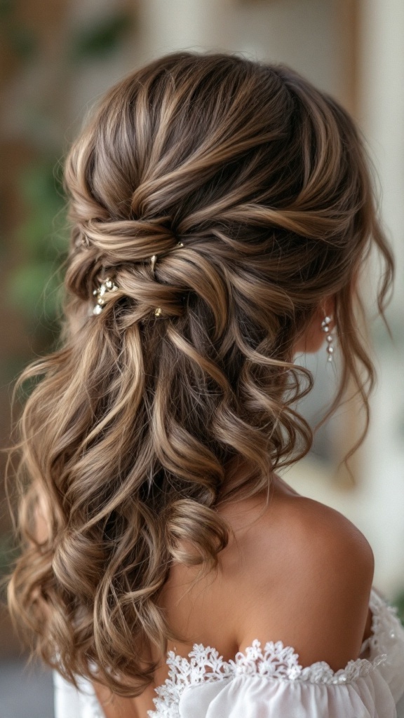 A close-up view of a romantic side-swept curls hairstyle for a bridesmaid, adorned with small pearls.
