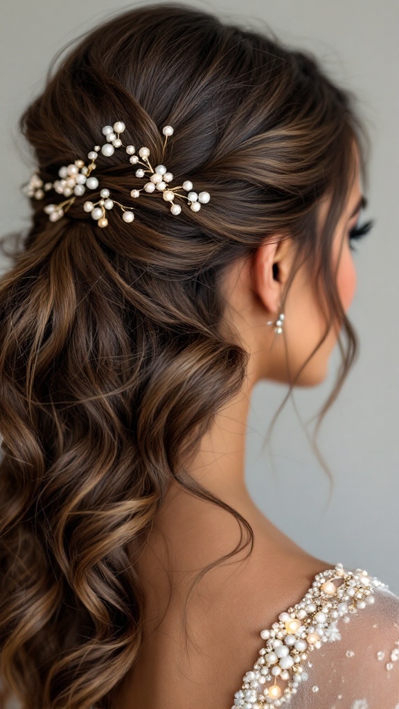 A beautiful side-swept hairstyle with soft curls and beaded pins, perfect for bridesmaids.