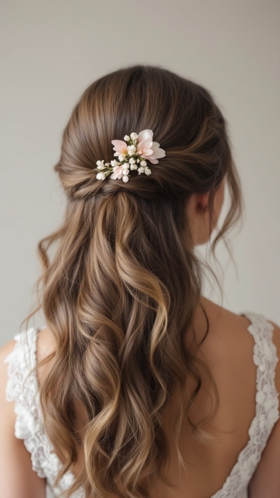 A young girl with side-swept curls adorned with floral accents, showcasing a beautiful hairstyle for a junior bridesmaid.
