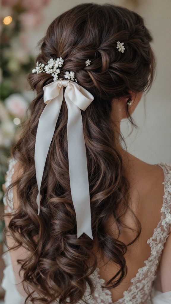 Bridesmaid hairstyle featuring side-swept curls with ribbon and floral detail.