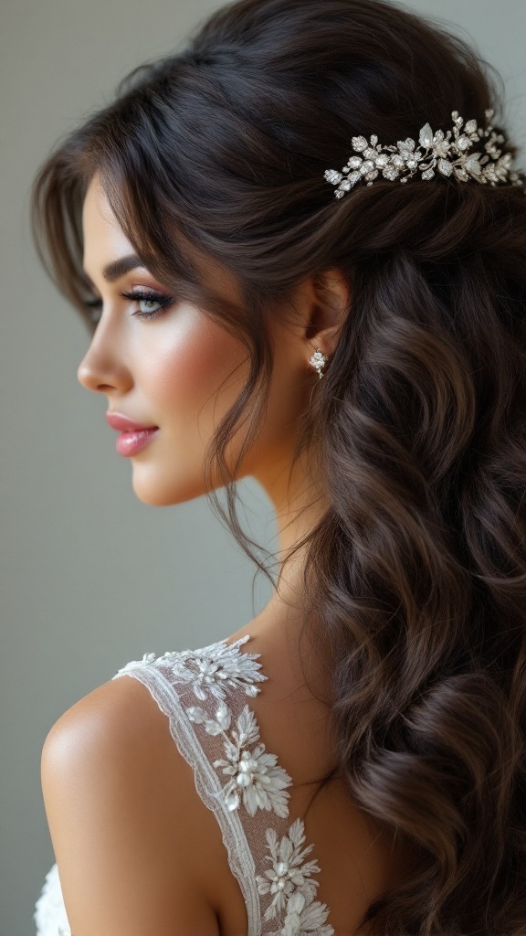Bridesmaid with side-swept curls adorned with a sparkling hair accessory.