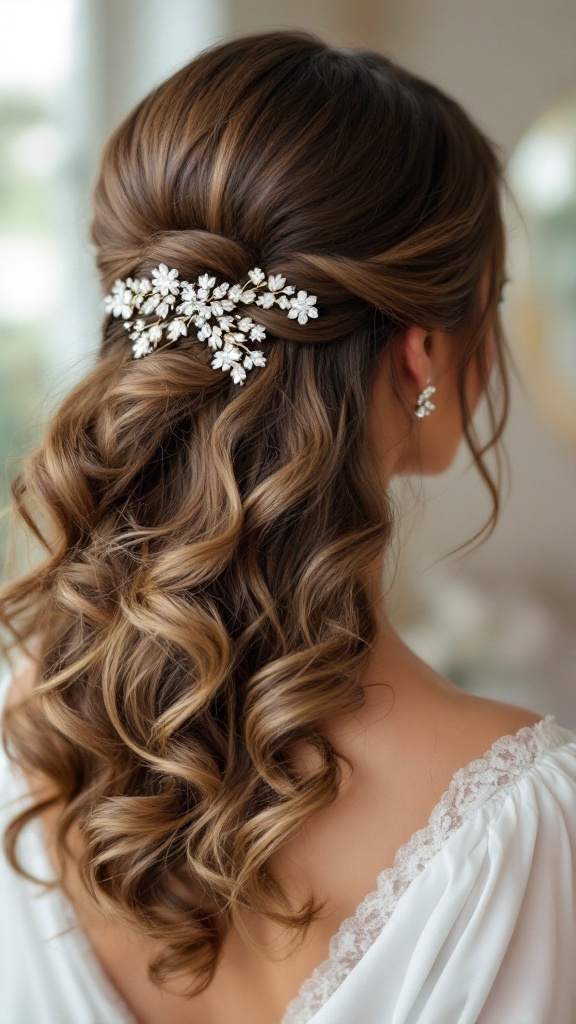 A close-up of a side-swept hairstyle featuring curly hair adorned with sparkling floral clips.
