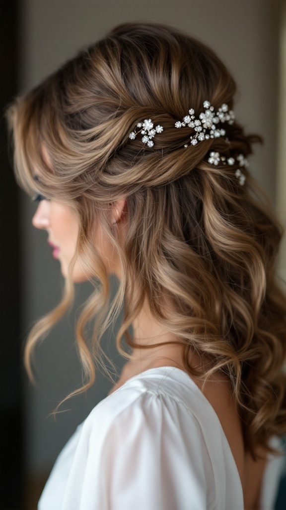 Bridesmaid hairstyle featuring side-swept curls adorned with sparkly pins.