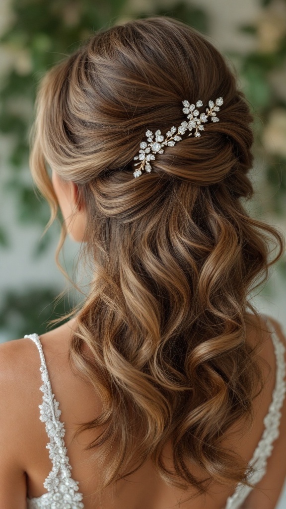 A side-swept hairstyle with glam waves and a delicate hair accessory, perfect for bridesmaids.