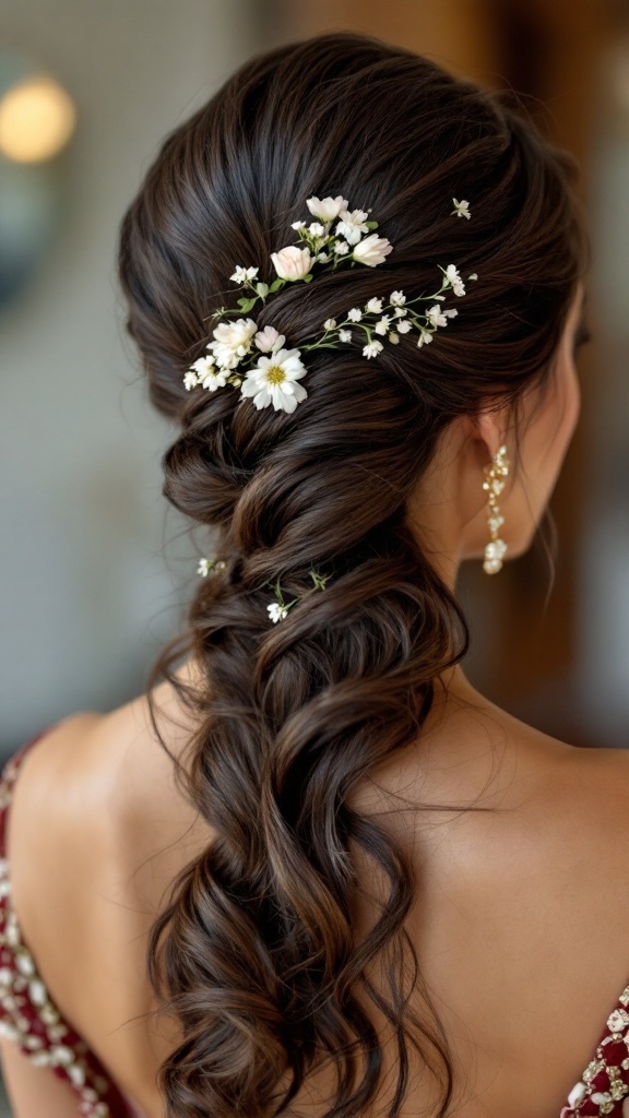 Elegant side-swept hairstyle adorned with flowers for bridesmaids at an Indian wedding.
