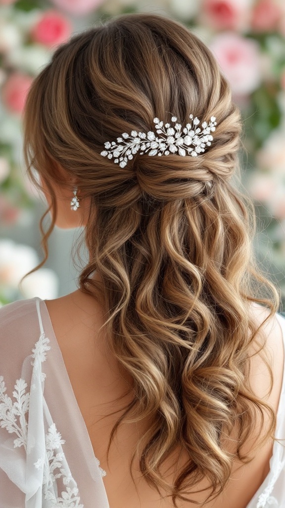 Bridesmaid hairstyle featuring side-swept loose curls and a decorative hairpiece