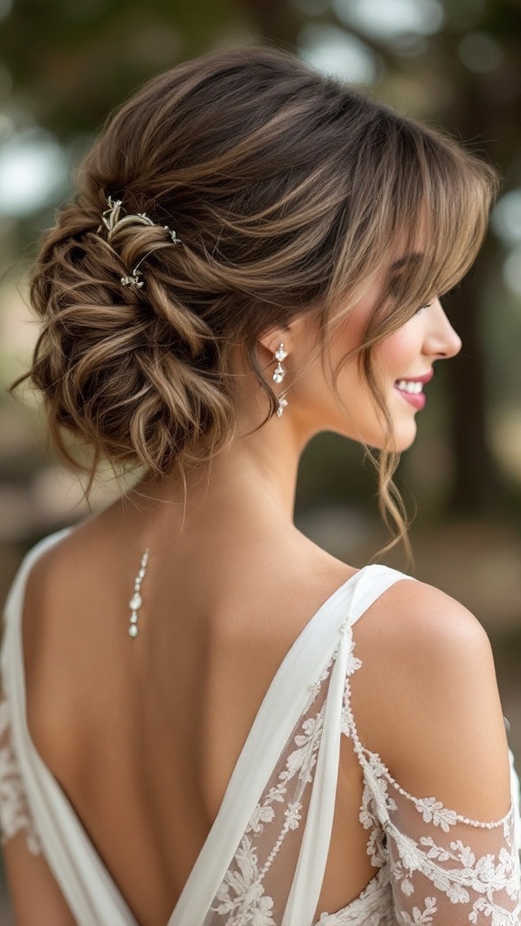A side-swept updo with teased volume, featuring curls and decorative hair accessories.