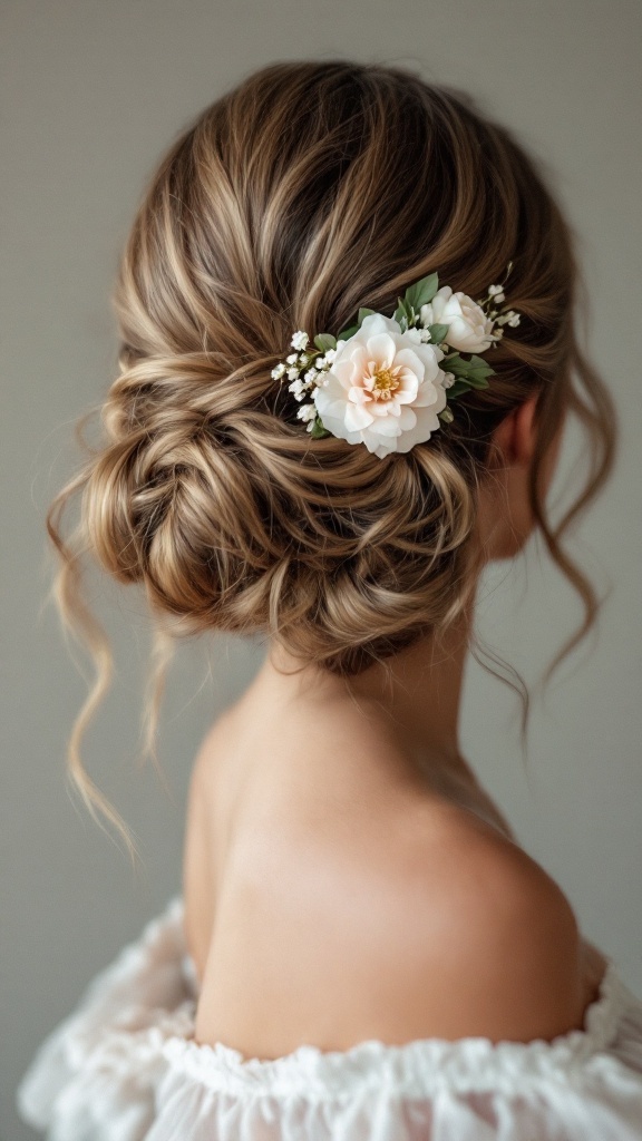 A woman with side-swept waves styled with a floral clip in her hair.