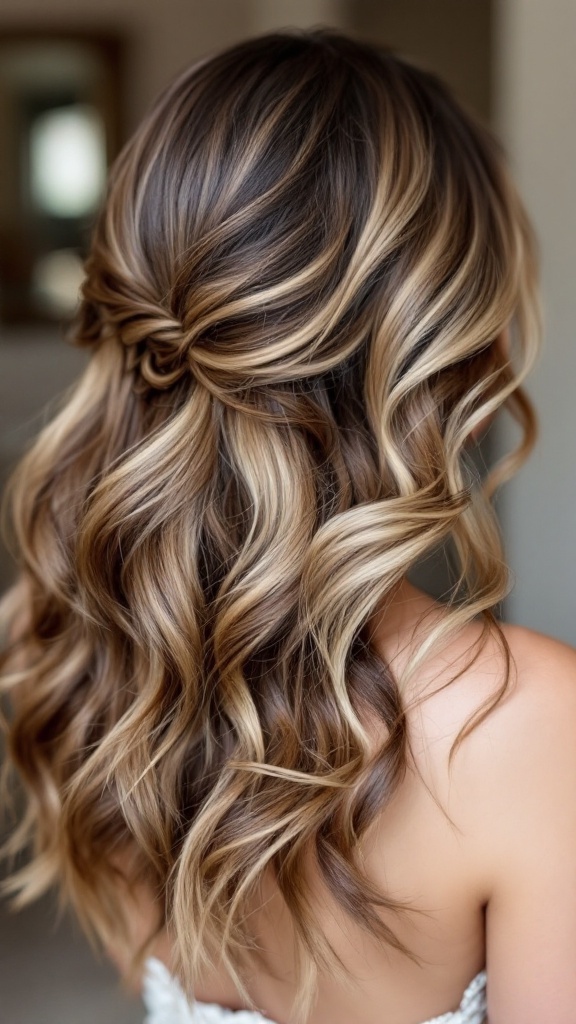 A beautiful hairstyle featuring side-swept waves and haldi highlights, showcasing a romantic and elegant look.