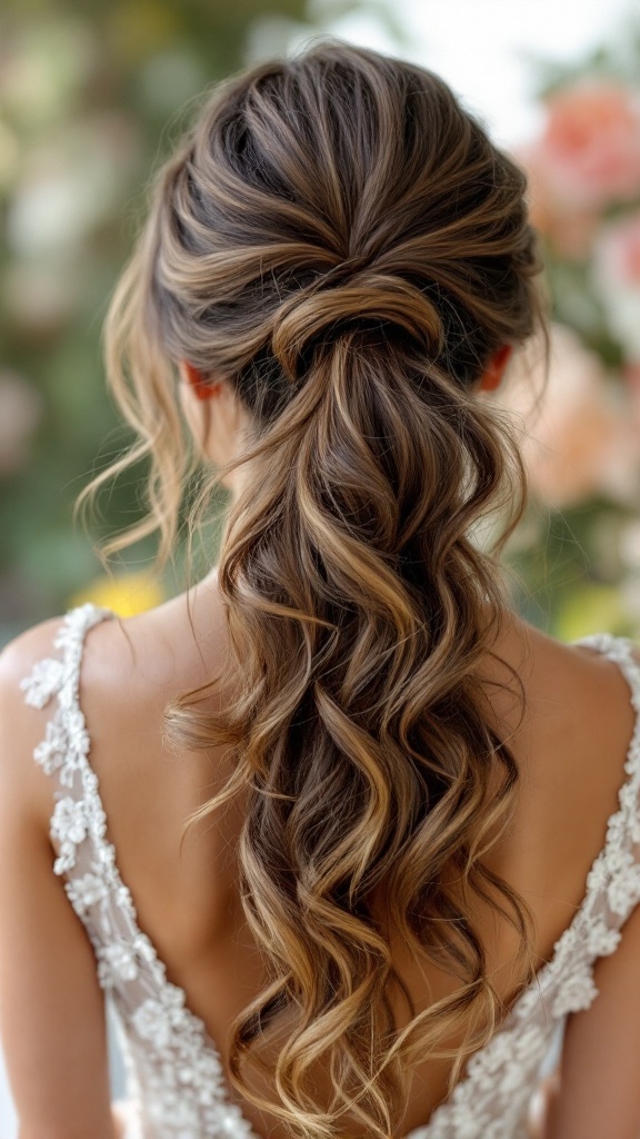A beautiful side ponytail hairstyle with loose curls for a bridesmaid, featuring soft waves and a romantic style.