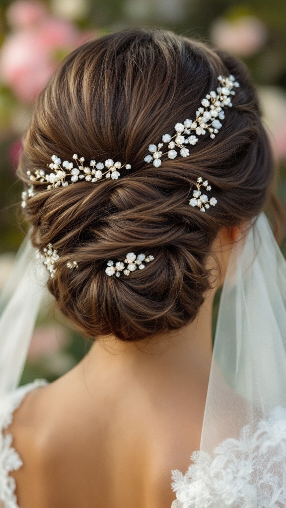 A side-swept updo hairstyle for a bridesmaid featuring delicate hair accessories.