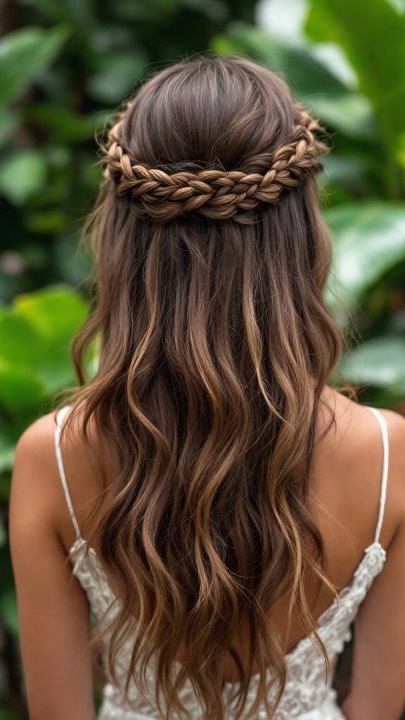 A woman with long hair styled in a simple braided crown hairstyle