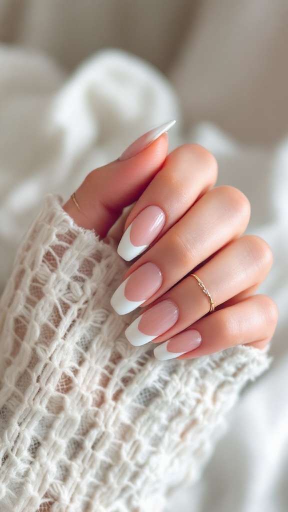 A hand with minimalist wedding nails featuring simple French tips and a soft pink base, adorned with a knit sweater.