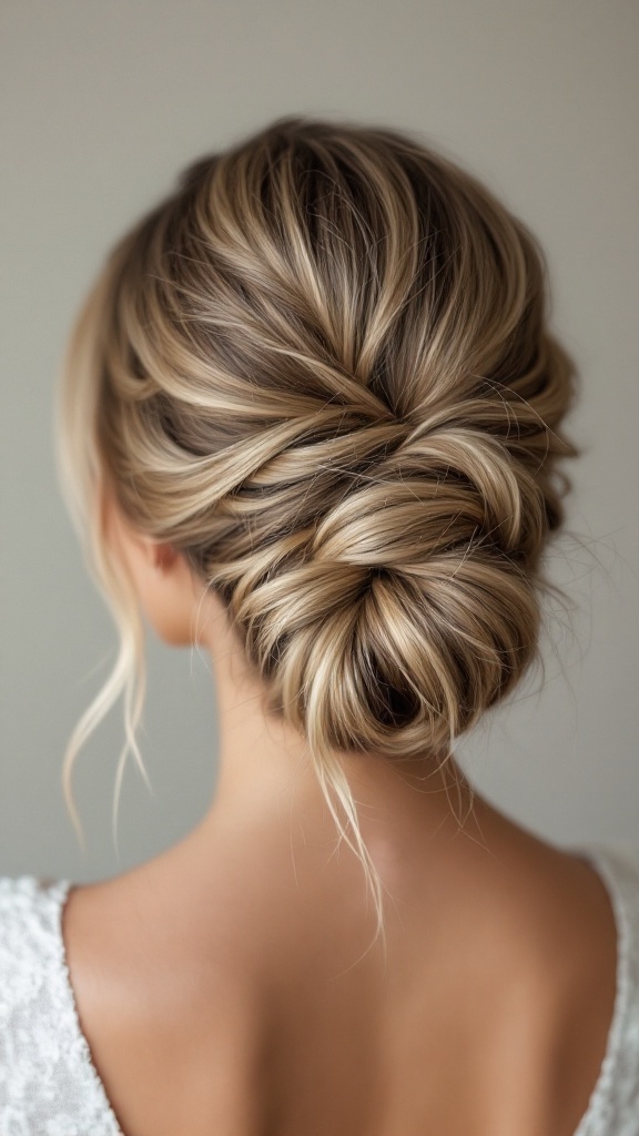A beautifully styled simple French twist hairstyle for bridesmaids.