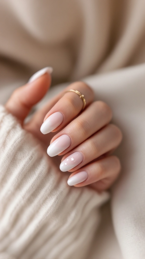 A hand with elegant, minimalist wedding nails featuring an ombre effect and subtle star accents.