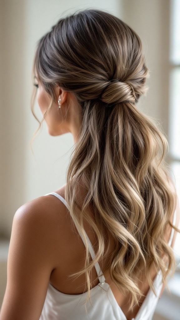 A simple knot hairstyle with subtle volume for long hair, featuring soft waves framing the face.