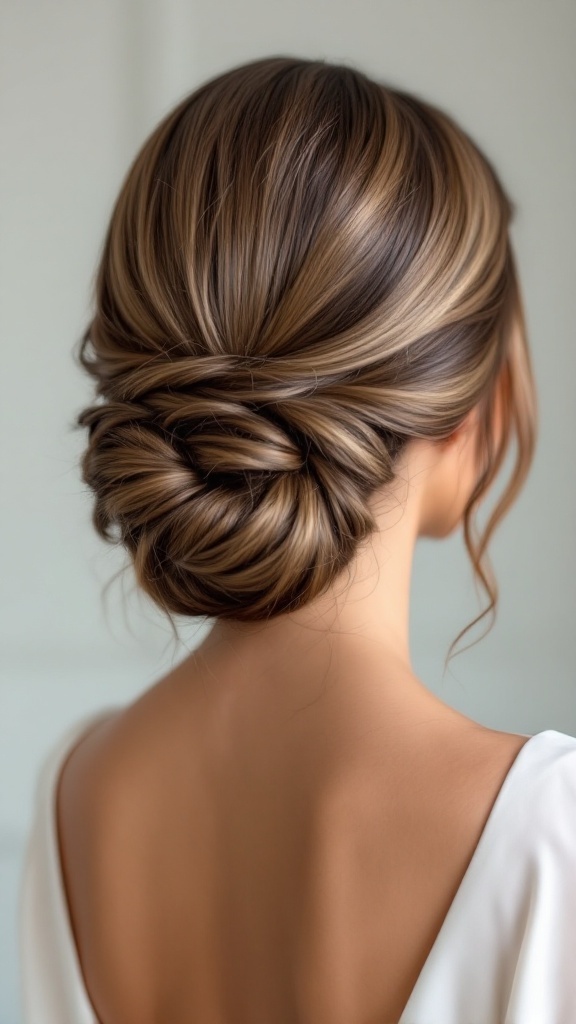 A sleek and polished half up hairstyle for bridesmaids, featuring smooth strands and a stylish twist or bun.