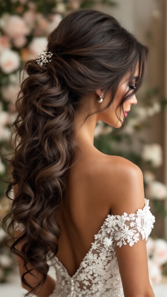 Bridesmaid with sleek back curls and a hairpin, wearing an off-shoulder wedding dress