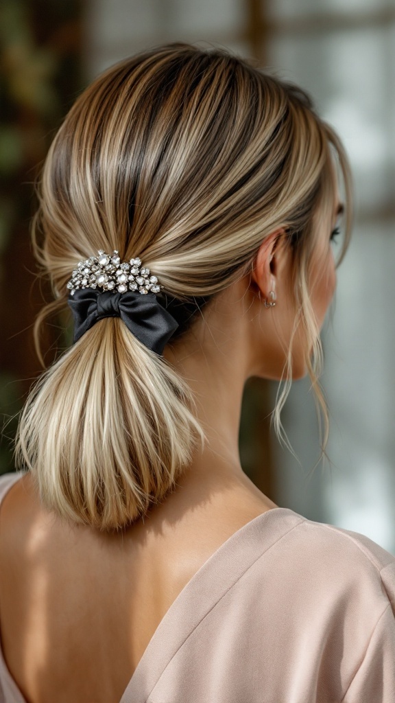 Sleek half-up ponytail hairstyle adorned with a decorative hair accessory