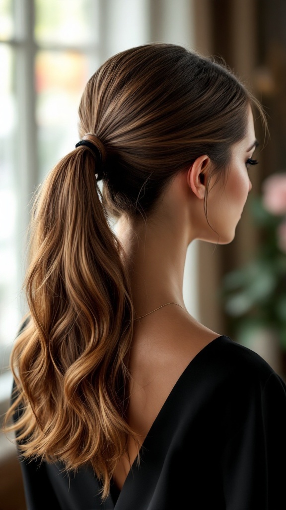 A sleek half-up ponytail hairstyle with volume, featuring soft waves and a polished look.