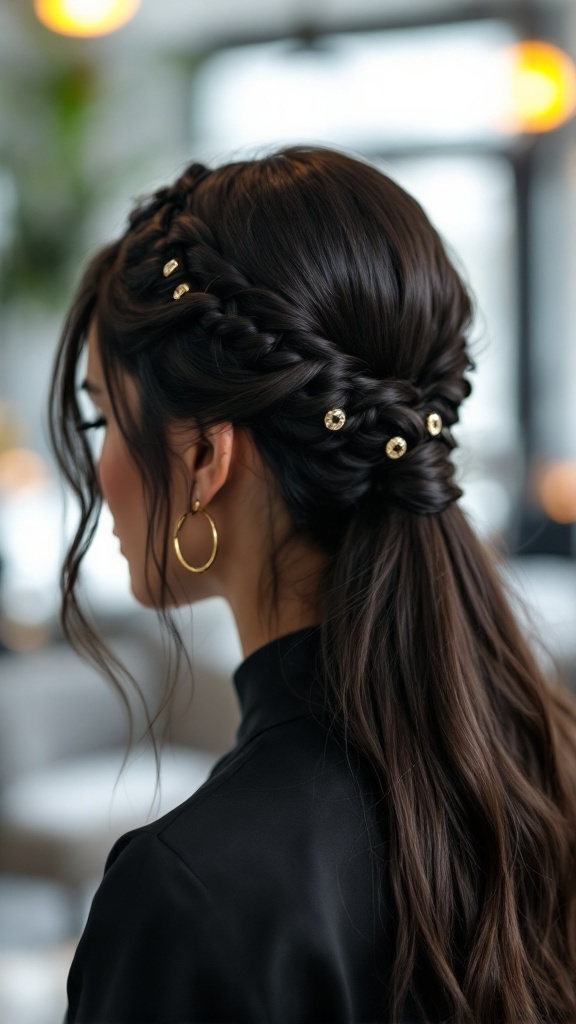 Sleek half-up bridesmaid hairstyle featuring a braid and metallic hairbands