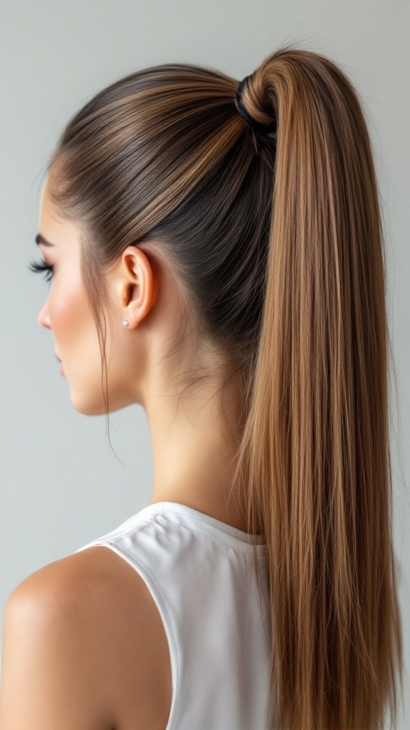 A sleek high ponytail hairstyle showcased on a model, emphasizing elegance and simplicity.