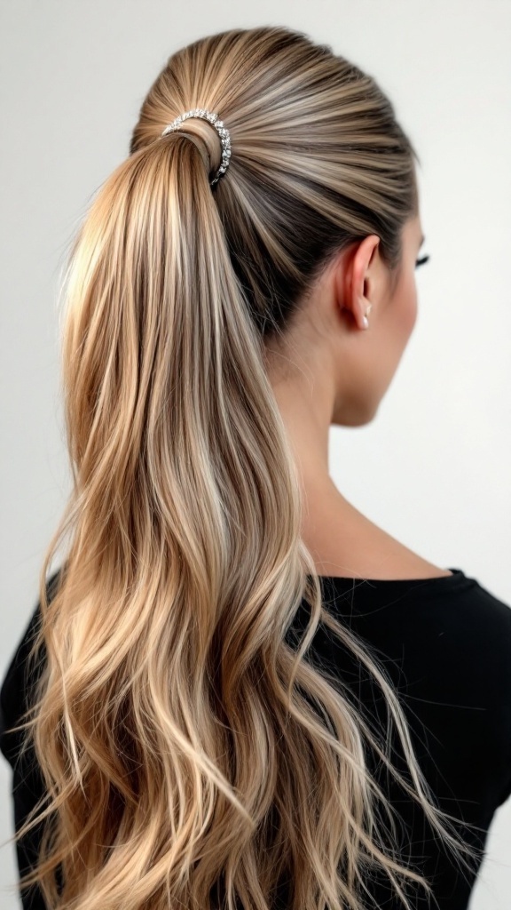 A sleek high ponytail hairstyle adorned with a statement hairpiece, showcasing long, flowing hair.