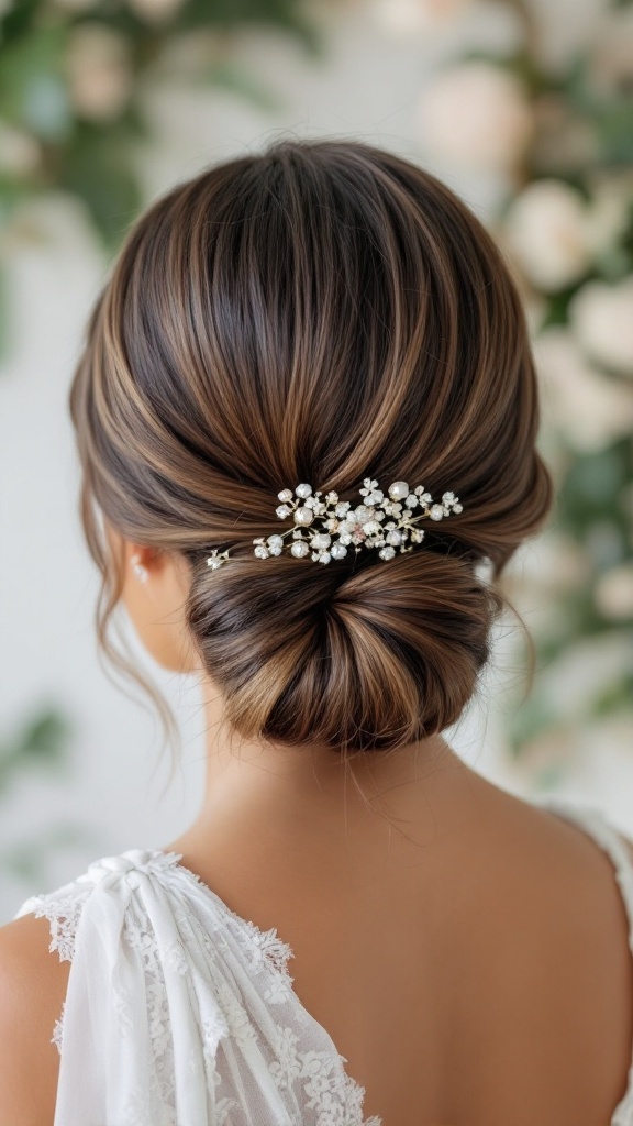 A sleek low bun hairstyle adorned with a floral hair band, showcasing polished hair and elegant styling.
