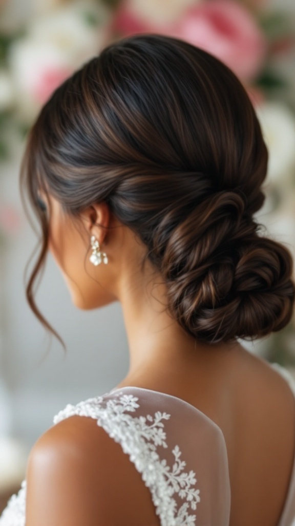 A sleek low bun hairstyle with curly accents on a woman's hair