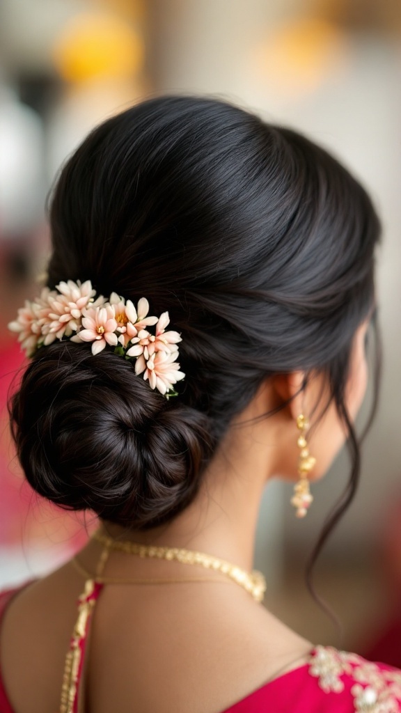 A beautiful sleek low bun hairstyle adorned with gajra, showcasing the elegance suitable for Indian weddings.