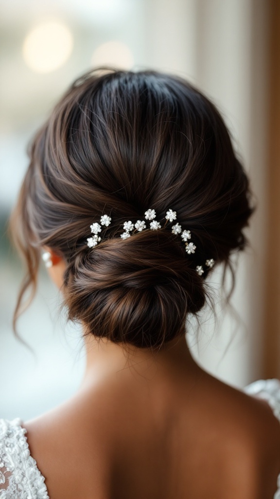 A sleek low bun hairstyle adorned with sparkling pins