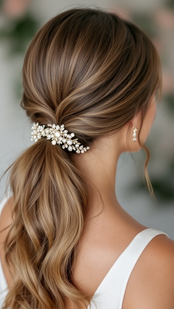 A sleek low ponytail hairstyle adorned with a decorative hair piece, showcasing elegance and simplicity.