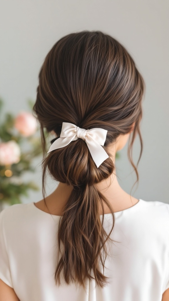 Sleek low ponytail hairstyle with a ribbon