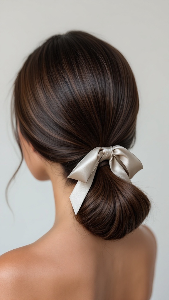 A close-up of a sleek low ponytail hairstyle with a ribbon, showcasing shiny, smooth hair tied at the nape of the neck.