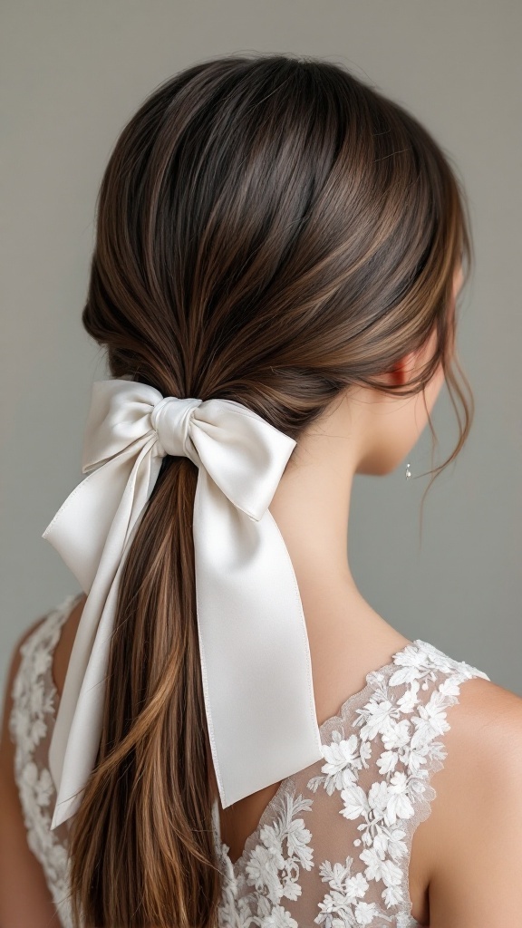 A young girl with a sleek low ponytail tied with a white bow, wearing a dress with floral details.
